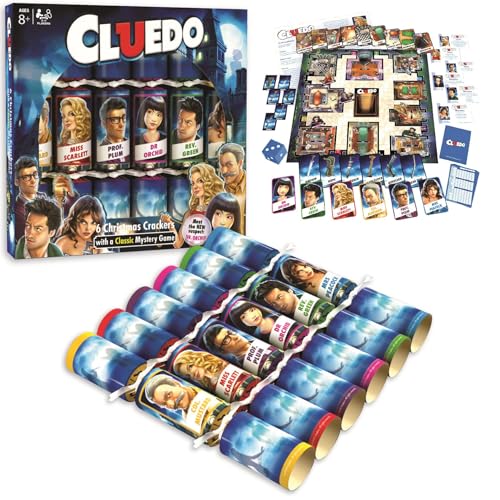 Giftmaker Hasbro Cluedo Christmas Crackers - Box of 6 Fun 12" Family Party Crackers with Hats Jokes & Mystery Game - Novelty Xmas Table Decoration for Adults & Kids