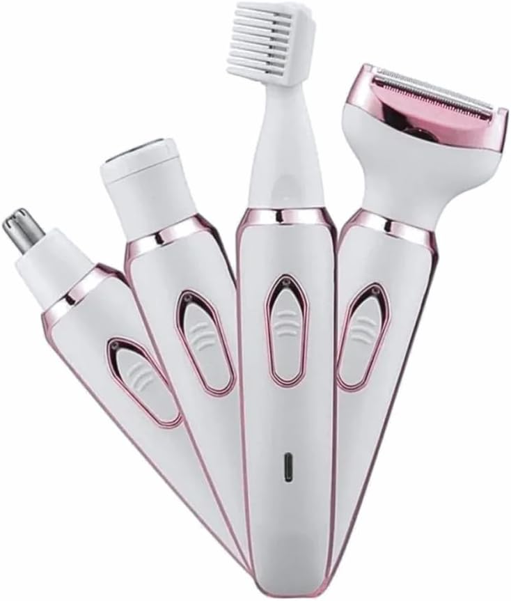 Image showing the main unit of the Genérico 4-in-1 Electric Epilator with each of the four heads attached individually, demonstrating how they fit.