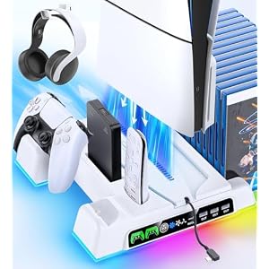 Cooling Stand for PS5/ Slim/Pro Disc & Digital Console, PS5 Cooling Station with Dual Controller Charging Station for PlayStation 5 Console, P S5 Accessories Stand with AUTO Adjustable Fan