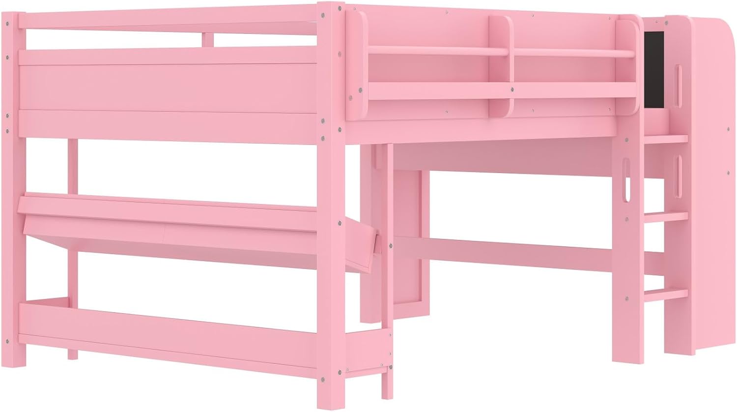 KEIKI Kids Full Size Low Loft Bed Frame with Desk and Blackboard, Solid Pine Wood Modern Full Bed Frame with Bookcases, Drawers, Storage Boxes, Safety Guardrail, Ladder for Teens Girls Boys