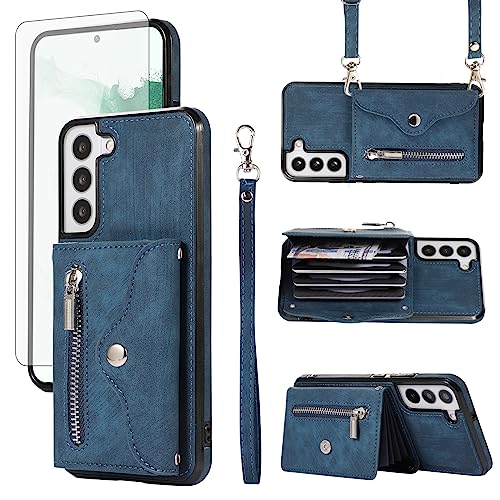 Étui portefeuille Galaxy S22 5G antichoc bleu avec range-carte et cordon