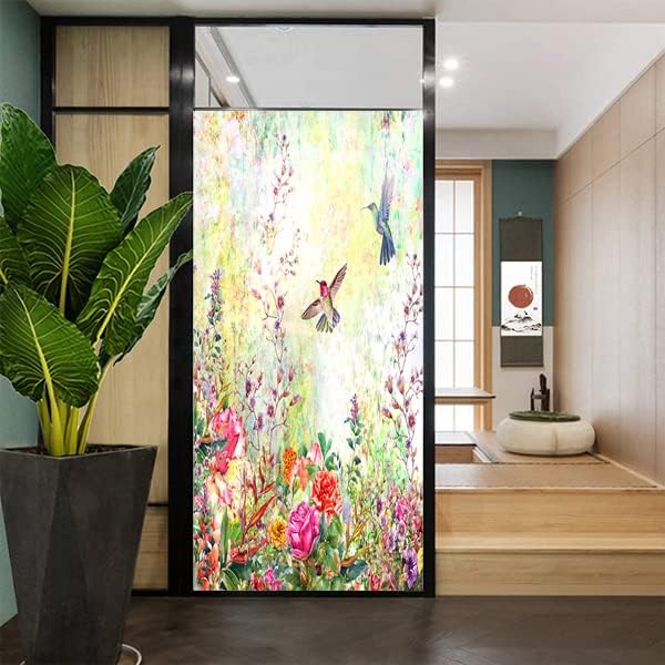 Hummingbird Floral Country Decorative Window Film Farmhouse Fantasy Garden Watercolor Natural Plantdining Room Window Film,Dorm Room Glass Film 35.4Wx78.7L-Inch X1Pcs