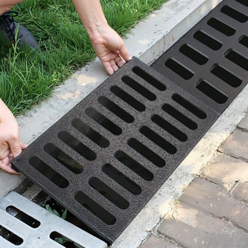 Cast Iron Drain Grate, 12 * 20in Outdoor Drain Cover, Heavy Duty B125 Class Channel Grate, Black Rectangle Drainage Grate, Metal Sewer Grate for Concrete Floor, Yard, Driveway & Garage.
