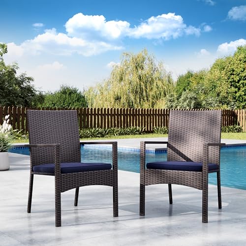 Image of MFSTUDIO Patio Rattan Chairs Set of 2, Wicker Outdoor Dining Chairs Set of 2, All Weather Patio Armchairs w /Armrests, Steel Frame, Brown, 330lbs