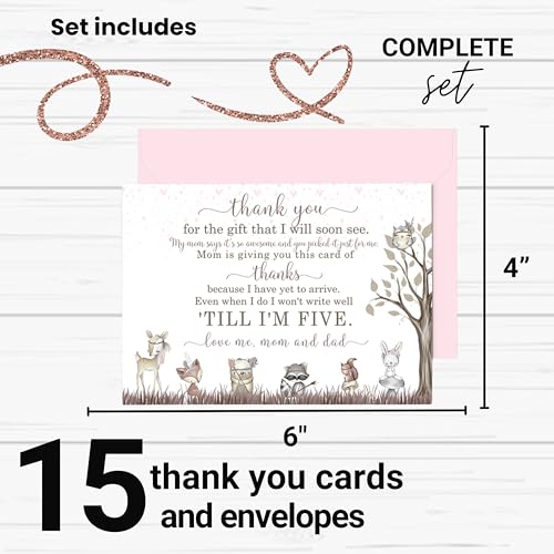 Girls Woodland Baby Shower Thank You Cards with Envelopes Pack of 15 Prewritten Notecard Message Newborn Cute Rustic Flower Animal Theme Blush A6 Stationery Set Printed (4x6) Paper Clever Party - Image 3