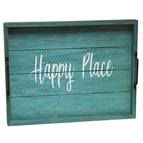 Elegant Designs HG2000-BHP Coastal Beach Lake Decorative Wood Serving Tray w/Handles, 15.50” x 12”, Blue Wash Happy Place