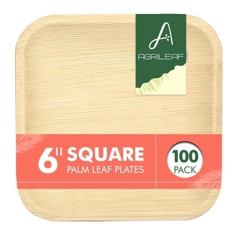 AGRILEAF Palm Leaf Disposable Plates 6 Inch Square | 100 Pack Eco Friendly Compostable Paper Areca Plates_Picnic Party Food Use and Throw Bamboo Plate