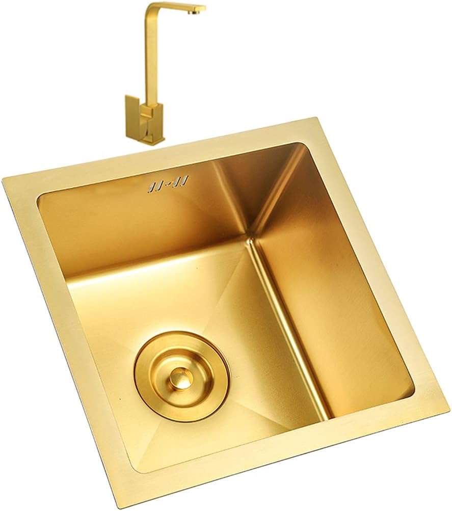 with Square Faucet Golden Square Single Bowl Bar Prep, 304 Stainless Steel, Drop-in Or Undermount Installation,Gold-45x45cm