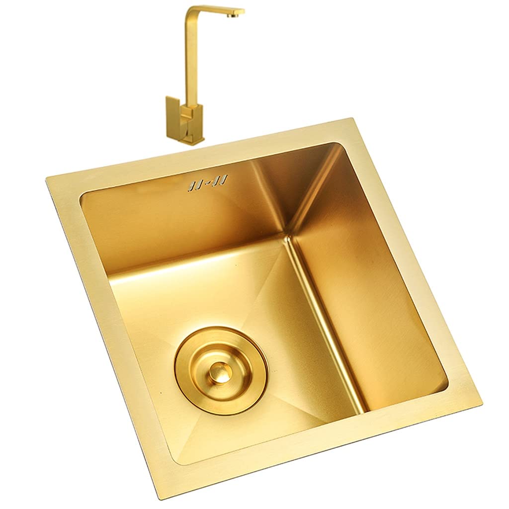 ZQFHSX Kitchen Sinks, With Square Faucet Golden ​Single Bowl ​Bar Prep Sink, 304 Stainless Steel, Drop-In Or Undermount Installation (Color : Gold, Size 36x36cm)