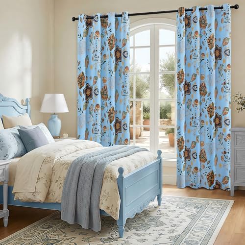 Image of XiDi Light Blue Patterned Curtains 96 Inches Long Blackout Floral Curtains | Aesthetic Pretty Drapes for Dining Room Modern Farmhouse Vintage Curtains Grommet Window Treatment Set of 2 Panels 52Wx96L