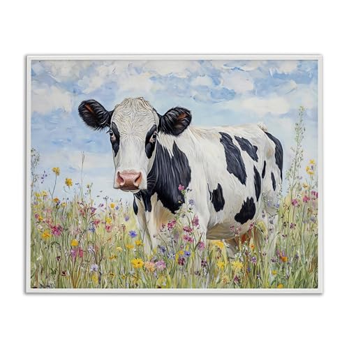 Holstein Cow Meadow Country Floral, 16 x 20 Inch Framed Giclée Print