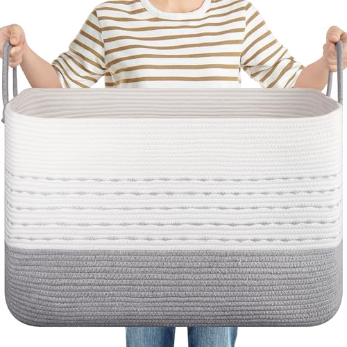 Image of OIASKET XXL Large Blanket Basket for Living Room, 108L Woven Storage Baskets for Organizing, Rectangle Cotton Rope Basket Toy Chest With Handles-Grey & White