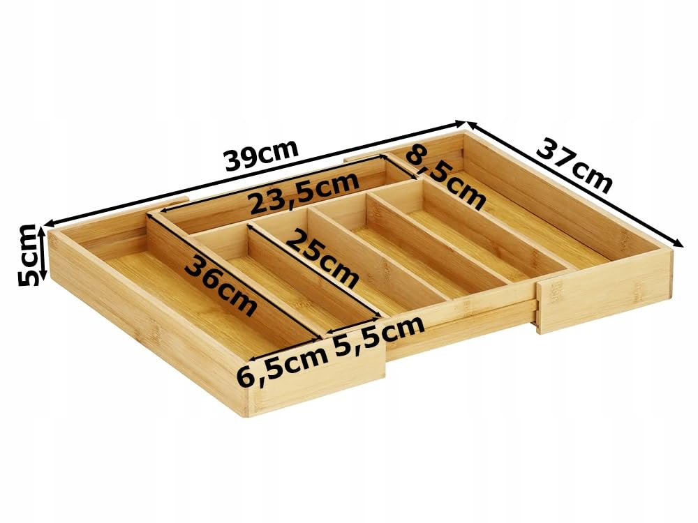 Organizer in BAMBU' Cassetti Posate, 7 Scomparti, Estensibile Fino a 39x37 Cm, Organizzatore Vassoio Cassetto Espandibile Utensili, Posate Utensili Ordine in Cucina, Coltelli Forchette Cucchiai,