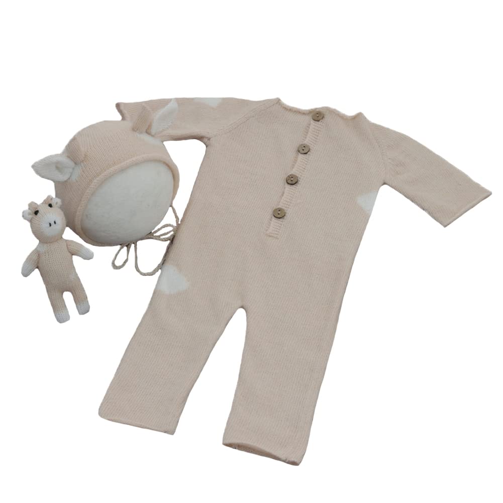MINGYOU Newborn Photography Outfits Crochet Romper Cow Hat Baby Photo Outfit Knit Costume Props Boy Girl (Beige)