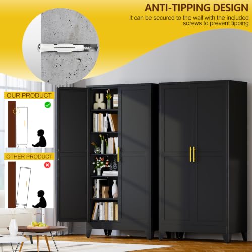 Image of PAOFIN Metal 79 inch Kitchen Pantry Cabinet, Pantry Storage Cabinet with Doors and 5 Adjustable Shelves, Freestanding Cupboard Kitchen Cabinet,Tall Cabinet for Living room,Pantry, Bathroom,Kitchen (Black)