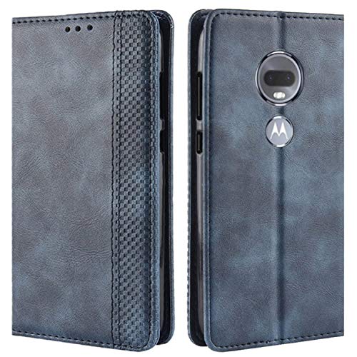 HualuBro Handyhülle für Moto G7 Plus Hülle, Moto G7 Hülle, Retro Leder Brieftasche Tasche Schutzhülle Handytasche LederHülle Flip Hülle Cover für Motorola Moto G7 / G7 Plus - Blau