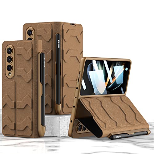 Étui Galaxy Z Fold 4 en cuir marron avec protège-écran en verre et fente stylet