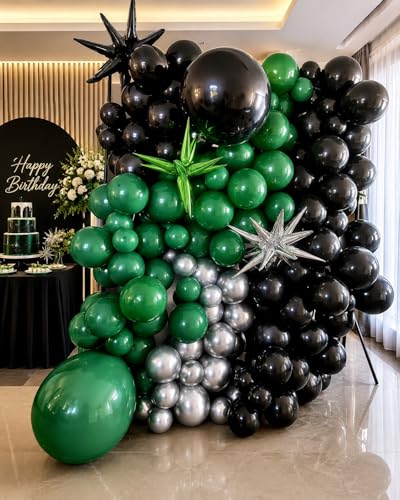 Image of Black Green Balloon Garland,BTZO Balloons Arch Kit With Metallic Silver Confetti Balloon,Black and Green Balloons for Birthday Wedding Bridal Shower Graduations Party Decorations