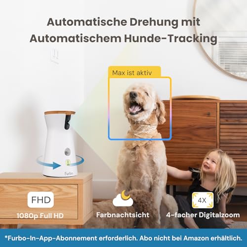 Furbo 360° Hundekamera mit Heimsicherheits-Paket [Premium MIT ABO]: Intelligente Kamera mit App für Hund & Heim, Rotierende 360° Sicht, Farbnachtsicht, Tracking, Leckerliwurf, Bell-Alarm, Smart Alerts