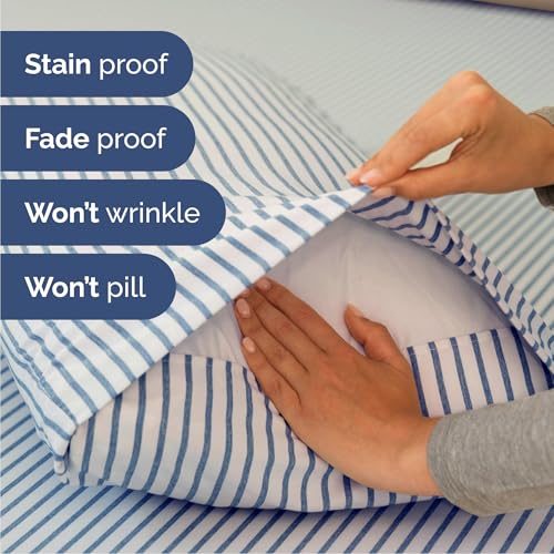 Image of Cal King 6 Piece Bed Sheet Set - Breathable & Cooling Sheets - Blue Stripes | Ultra-Soft Hotel Luxury Bedding Set with 8-16 Inch Deep Pockets, 1 Flat & 1 Fitted Sheet & 4 Pillowcases, Wrinkle & Fade Free