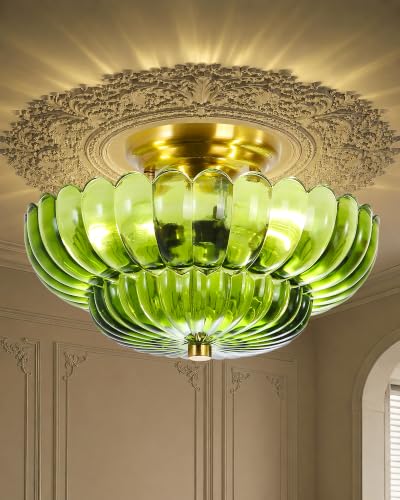 GloMuse Semi Flush Mount Ceiling Light Fixture 11.8" Vinatge Gold Ceiling Lights Mid Century Modern Green Glass Close to Ceiling Lighting Fixtures for Bedroom Hallway Foyer Bathroom Kitchen Entryway