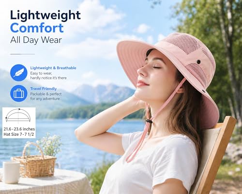 Sun Hats for Men Women Waterproof Wide Brim Bucket UPF 50+ UV Protection Foldable Outdoor Hiking Beach Fishing Safari Hat ﻿ Pink — view 3