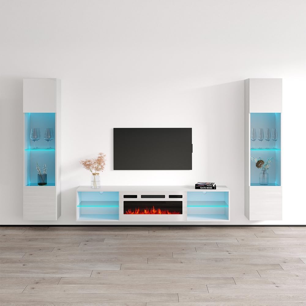 Meble Furniture Lima WH-EF 40TV Stand — Wall-Mounted Electric Fireplace Entertainment Center — Modern Storage Console, 40.2 W x 14.1 D x 19.3 H inches — White
