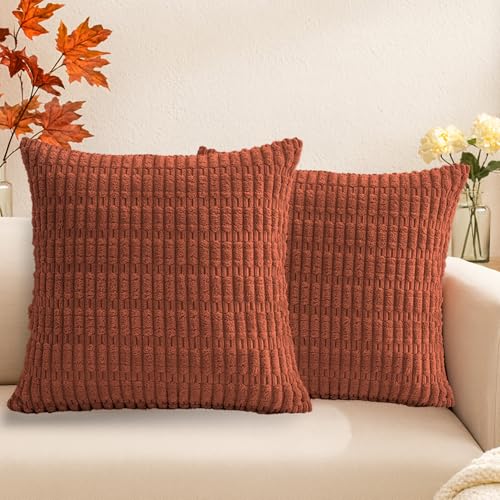 QUORGVES Fall Rust Pillow Covers 18x18 Inch Set of 2 Corduroy Terracotta Throw Pillow Covers Decor for Sofa Living Room Couch Bed Burnt Orange Pillow Covers