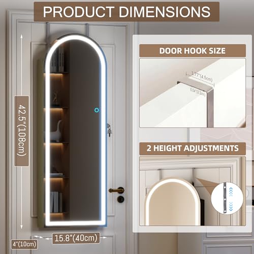 LVSOMT Wall Mounted Jewelry Organizer Lockable, Door Hanging Arched Mirror with Lights and Jewelry Storage, 6 LEDs Jewelry Cabinet (Laurel Green) - Image 4