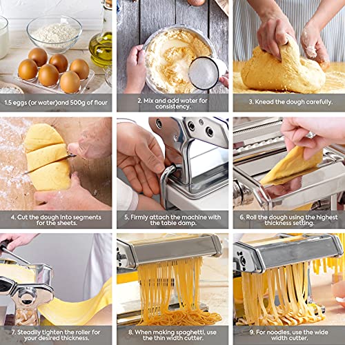 Pasta Machine, Ezsozo Pasta Maker Stainless Steel Manual Pasta Maker Machine With 8 Adjustable Thickness Settings, 2 Noodle Cutter, Suit For Homemade Spaghetti, Fettuccini, Lasagna, Or Dumpling Skins #TOP6