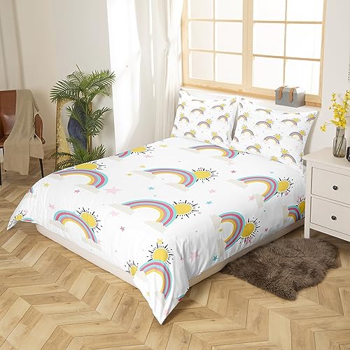 Girls Kids Duvet Cover Set 135x200cm Rainbows Sunshine Bedding Set Decorative Reversible Microfiber Polyester Stripes White Bedding Single Size Comforter Cover with 1Pillow Shams 2 Pieces Zipper - Image 3