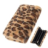 Kingshion Leopard Print Fuzzy Clutch Wallet - Plush Faux Fur Handbag with 5 Bill Compartment, 8 Card Slots & Zipper Coin Pocket, Durable Scratch Prevention Multi-Pocket Handle Purse for Women (Brown)