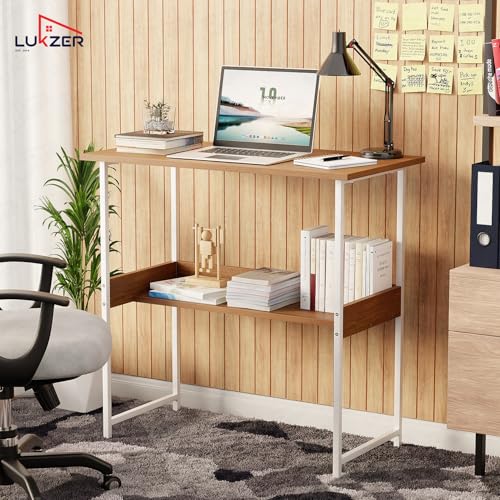 Image of Lukzer Study Desk with Open Storage Shelf | MST-004S /White & Oak Brown | Durable Metal & Wooden Study Table for Home & Office | Space-Saving Laptop /Computer Workstation for Students & WFH(75x40x75 cm)