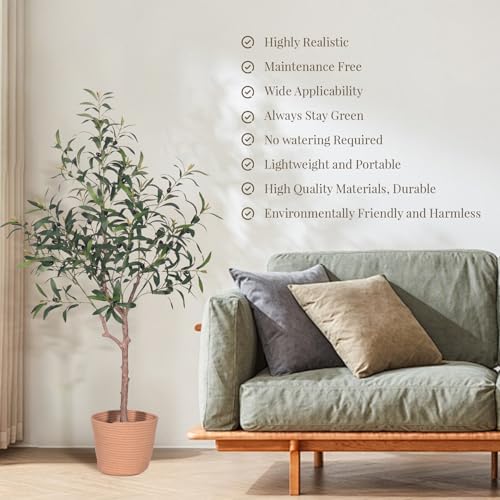 Olive Tree Artificial Plant 4FT. Artificial Olive Tree Mediterranean Silk Screened Broad-leaved Olive Tree with Realistic Fruit, Lifelike Plant Nordic Style Home Aesthetic Hotel Decor