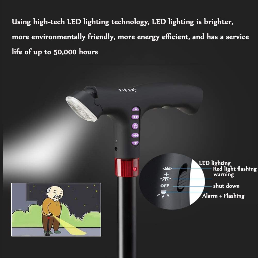 Muletas telescópicas antideslizantes Bastón para caminar con luz LED ajustable con ajuste de altura de alarma Bastón para caminar, negro para artritis, ancianos, personas mayores y discapacitados The