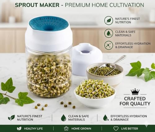 Image of KESI ORNAMENTS Sprout Maker Jar for Home Use with Strainer Drainage Lid,1000ml BPA Free Plastic Sprouting Container for Moong,Chana,Lentils & Beans,Easy Healthy Sprouts Growing Jar for Indian Kitchen