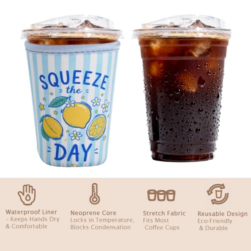 Image of Reusable Insulated Sleeve for Iced Coffee Cup, Coffee Neoprene Sleeve for Cold & Hot Drinks, Beverage Holder for Iced Coffee (Squeeze Day, Large: 32oz)