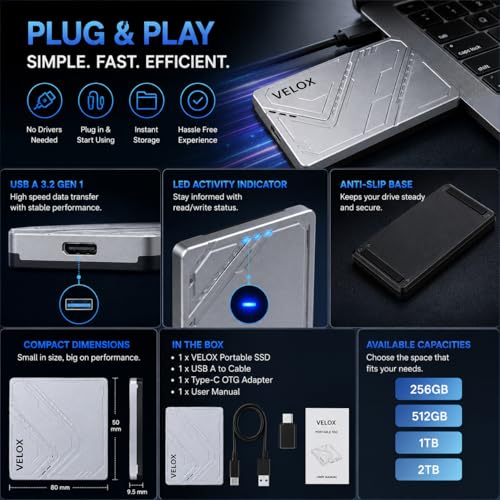 Image of MAYUMI Velox Portable SSD - External Solid State Drive | USB 3.2 Gen 1 Up to 5 Gbps | Type-C OTG Adapter | Plug & Play for Laptop, PC, Android, PS5 /PS4, Xbox, Smart TV (Silver) (256, GB, Velox)