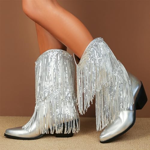 women's thick-heeled pointed toe western booties Ladies tassels fashionable boots4