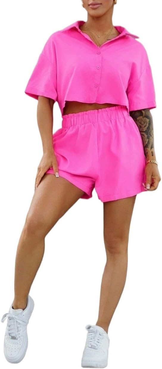 Women's Casual Drop Shoulder Cropped Blouse And Paperbag Waist Shorts Set