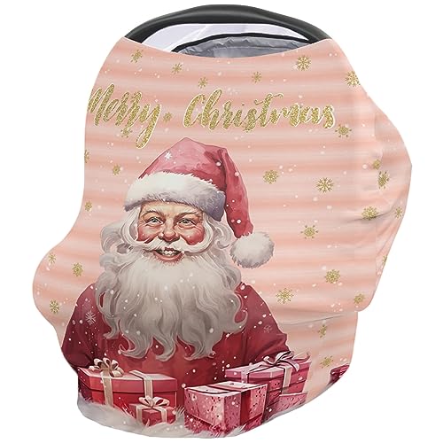 Nursing Cover for Breastfeeding Scarf, Merry Christmas Pink Ombre Strips Santa Claus Baby Car Covers Super Soft Multi Use for Canopy Shopping Cart Cover Blanket Stroller Cover