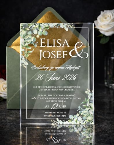 Manschin-Laserdesign Hochzeitseinladungen | Edle Einladungskarten aus Acrylglas für Hochzeit Geburtstag Partys - personalisierbar mit Ihrem Wunschtext - mit UV Druck