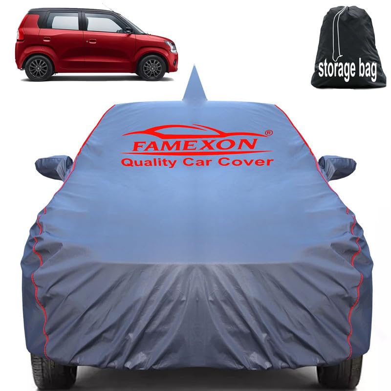 Image of FAMEXON Waterproof Car Body Cover Compatible for Wagon R Old with Mirror Pockets, Scratchproof Car Cover Red Pipein Design Dust-Proof Sun Protection (Grey) LGWP6237