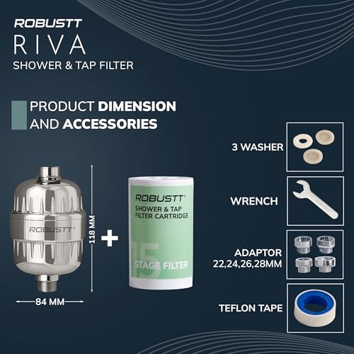 Image of Robustt Riva 15 Stage Shower /Tap Filter & Water Softener for Home (Silver) | Reduces Hair Fall, Skin Dryness & Limescale| Hard Water Filter For Tap, Shower, Handshower| Includes Kit & Manual