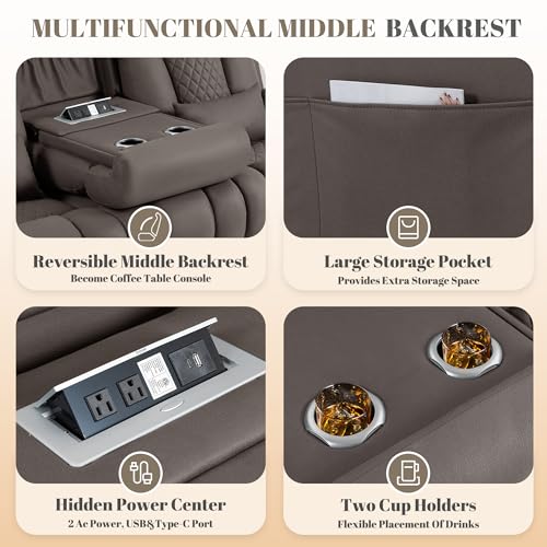 Image of Zero Wall Hugger Power Reclining Sofa with Adjustable Headrest, Electric Reclining Couch with Drop-Down Table,Outlets, Power Loveseat Recliner Sofa for Living Room (PU Brown, 3 Seat)