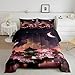 Japanese Style Bedding Set Full Size Moon Cherry Blossom Comforter Set 3pcs Romantic Night Sky Scenery Quilt Set for Kids Teens Girls Women Room Decor Exotic Pink Duvet Insert,2 Pillowcases