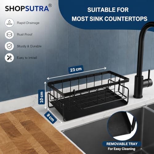 Image of Kitchen Sink Organiser with Drain Tray, Countertop Storage Rack for Dish Soap Sponge Scrubber, Metal Wire Design, Black