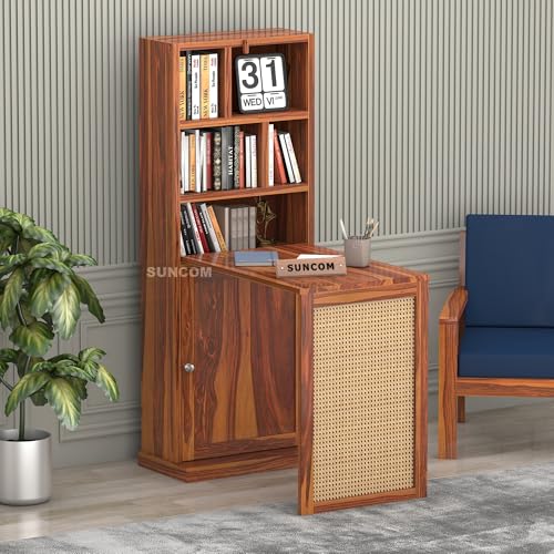 Image of SUNCOM Solid Sheesham Wood Foldable Study Table with Book Shelf - Wooden Study Table for Students StudyTable with Storage Computer Table for Home (Natural)