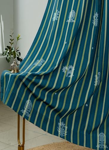 Image of Tranquebar Curtain Co. Window Curtains 5 Feet, 60-65% Room Darkening,Blue Rabah, Cotton Curtains for Window, Cotton Curtains 5 Feet Long Set of 2, BackTab Loops,Rabah (152 cm) - Set of 2