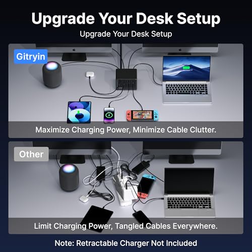 Image of Gitryin Power Strip with 8 AC Outlets, Surge Protector Power Strip, Flat Plug Multi Plug Outlet Extender Charging Station for Home Office, Compatible with Retractable Charger, Black
